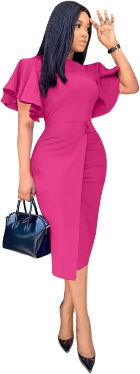 Ekaliy Women's Ruffle Sleeve Vintage Bodycon Peplum Business Formal Work Pencil Dress