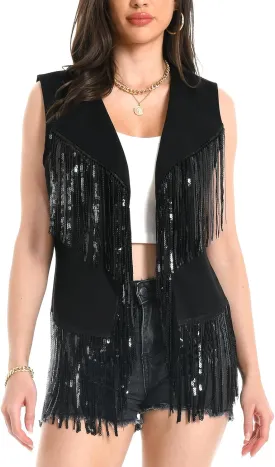 Fringe Vest - 60s 70s Outfits for Women Cowgirl Tassel Sleeveless Hippie Costume Western Faux Suede
