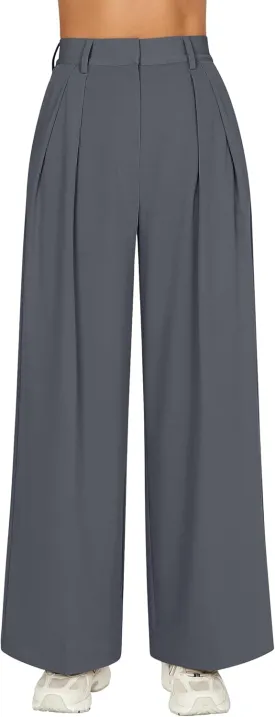 GOKATOSAU Women's Loose Fit High Elastic Waisted Wide Leg Straight Long Trousers Suit Pants
