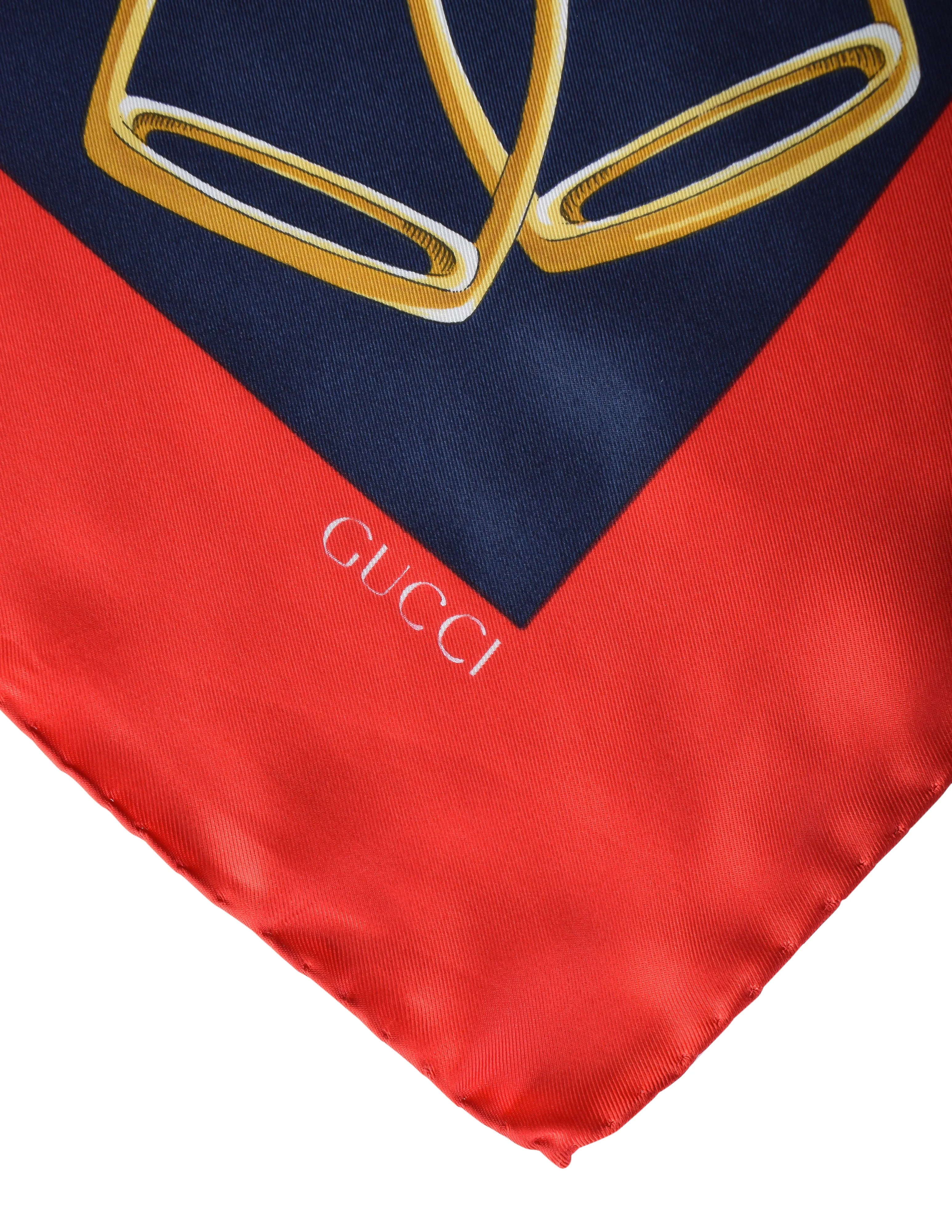 Gucci Vintage Horse Equestrian Theme Red Green Multicolor Silk Scarf