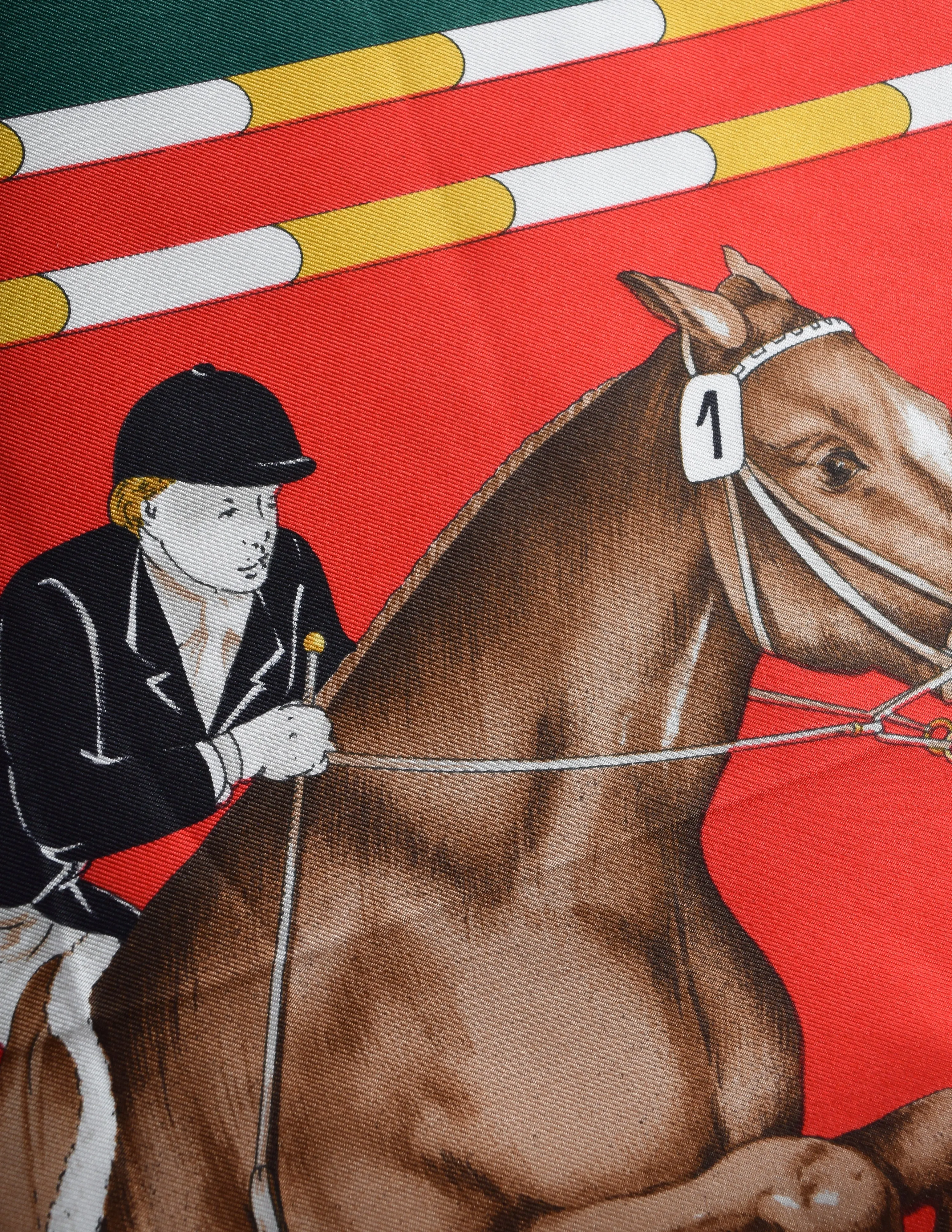 Gucci Vintage Horse Equestrian Theme Red Green Multicolor Silk Scarf