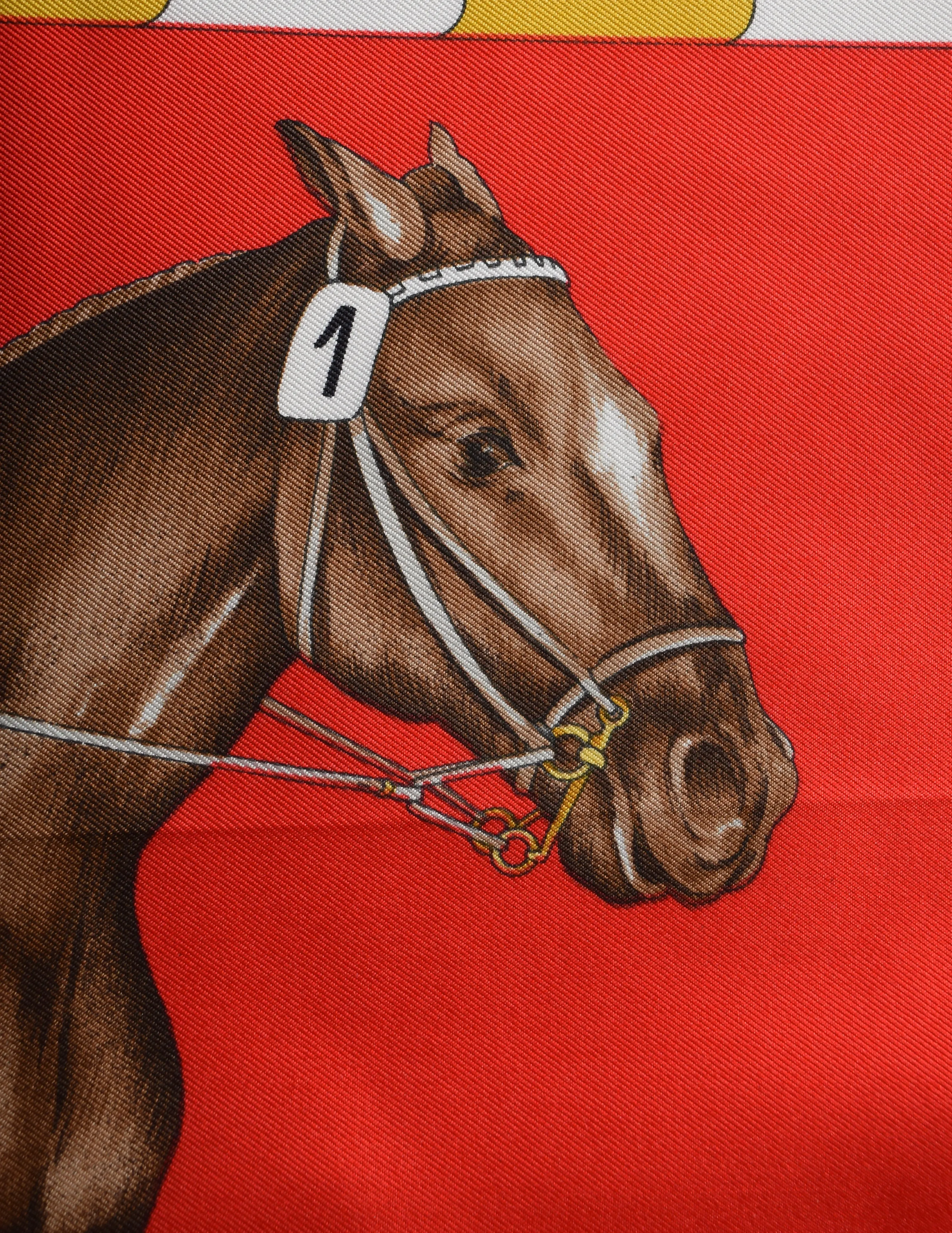 Gucci Vintage Horse Equestrian Theme Red Green Multicolor Silk Scarf