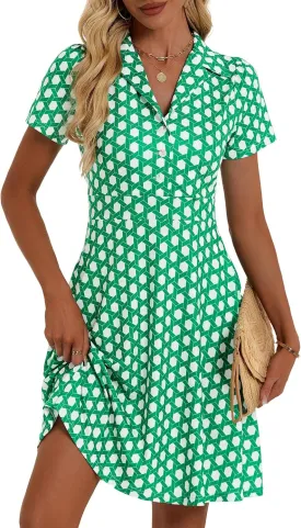HUHOT Shirt Neckline Summer Dresses with Pocketes Vintage Sundress for Women 2025 Work Dress Church Midi Spring Dress