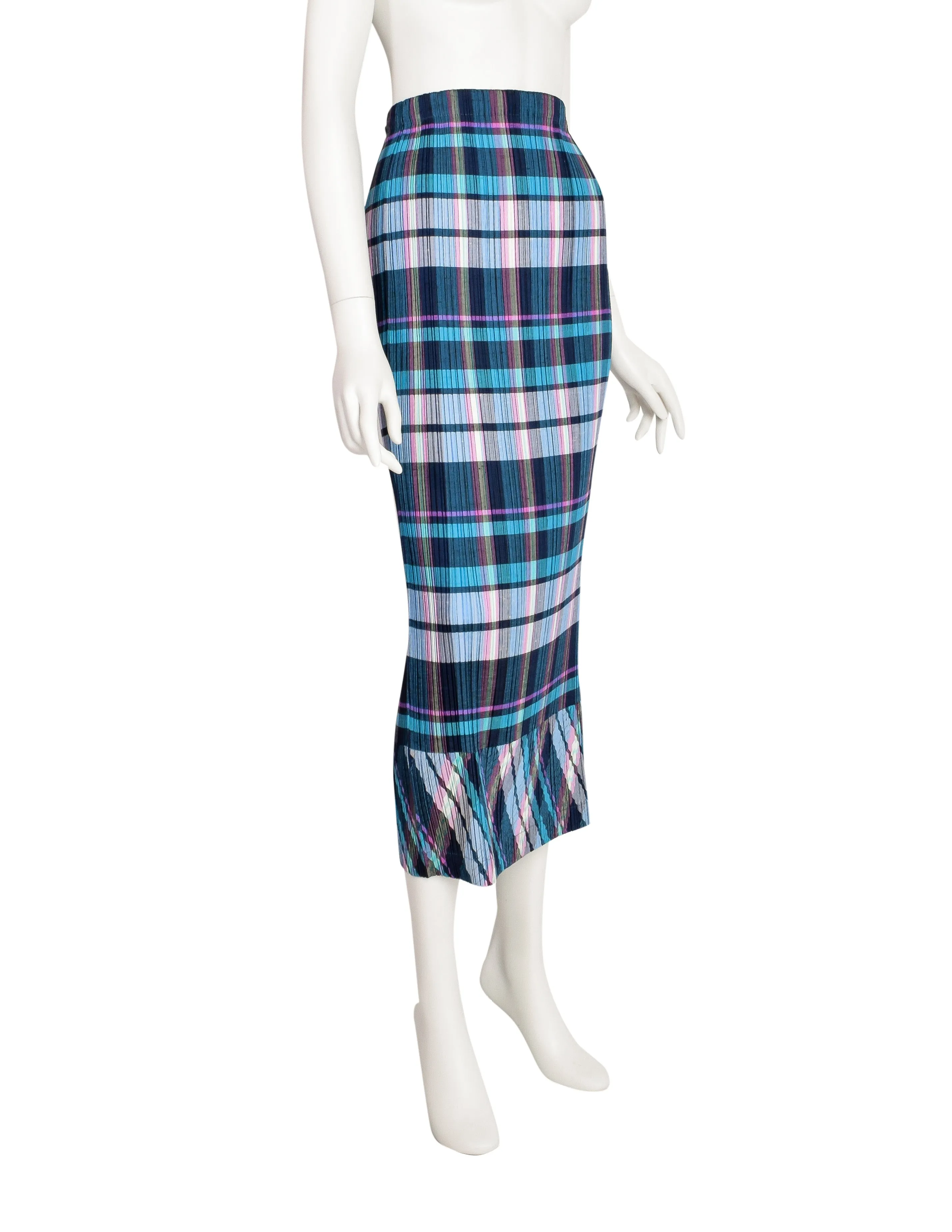 Issey Miyake Vintage Multicolor Plaid Print Pleated Skirt