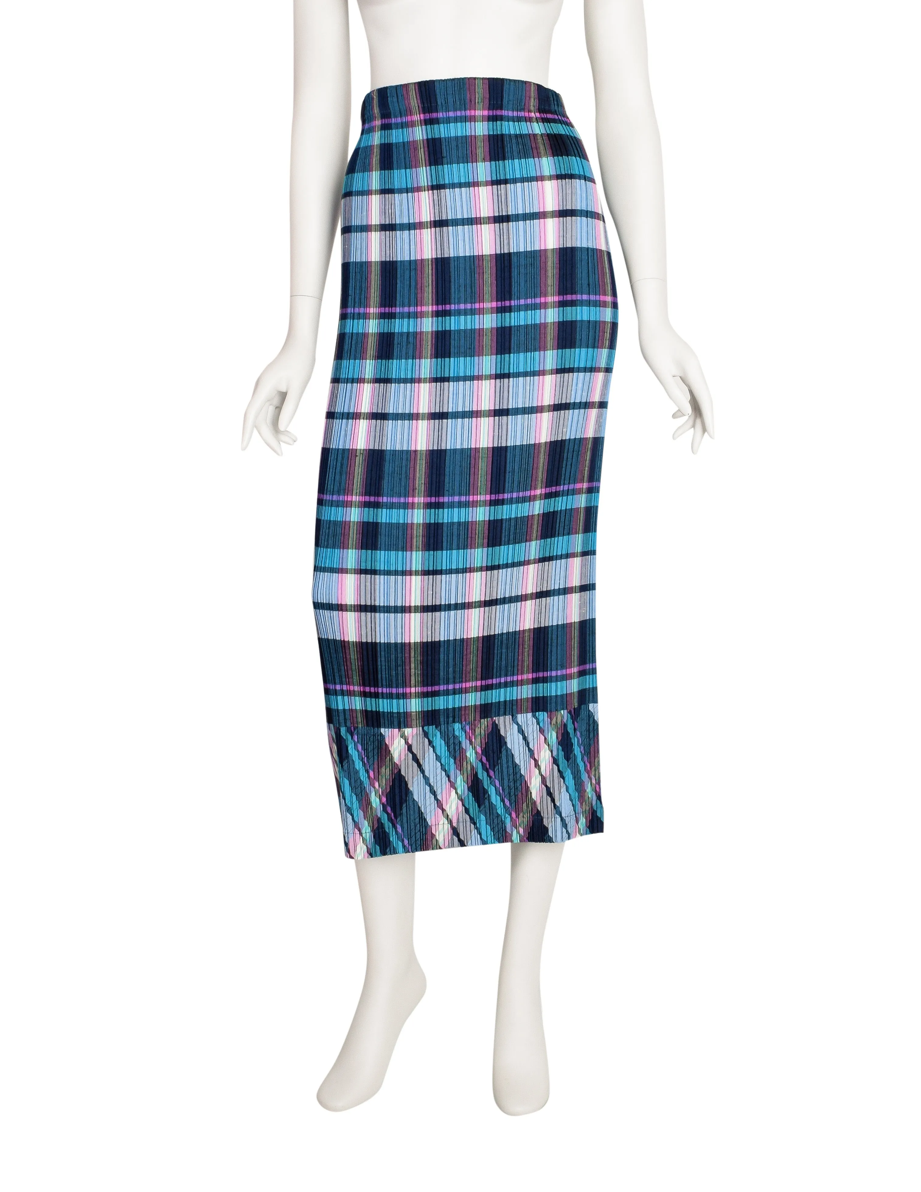 Issey Miyake Vintage Multicolor Plaid Print Pleated Skirt