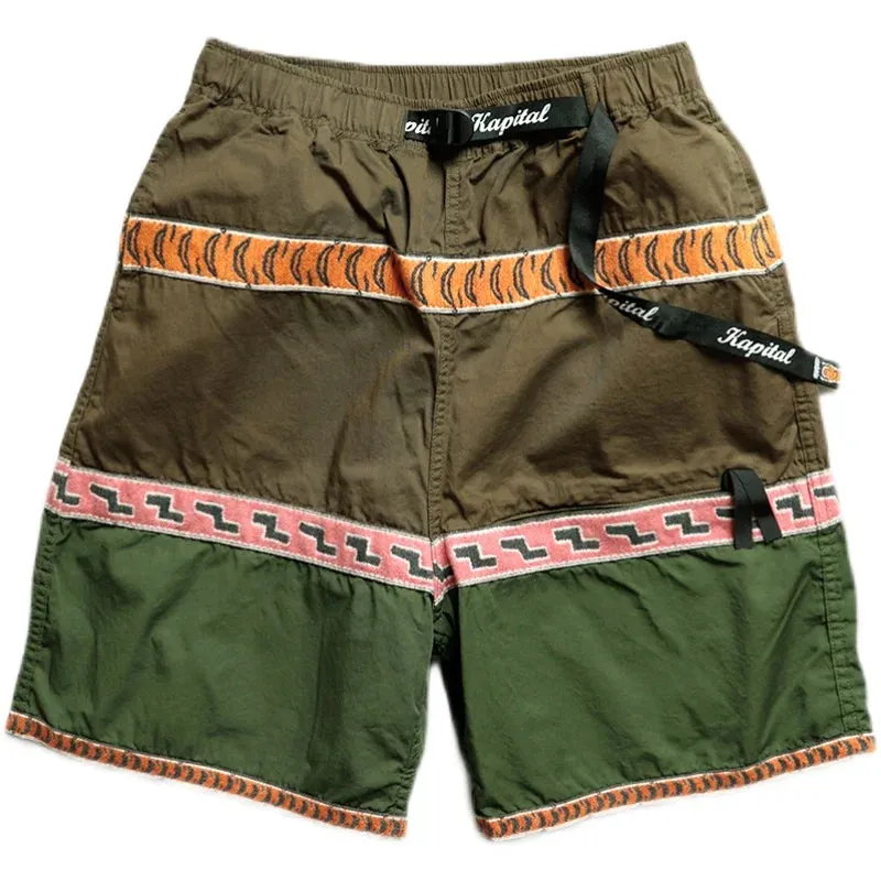 Japan Style Vintage Belt Color Matching Cotton Loose Men's Casual Shorts