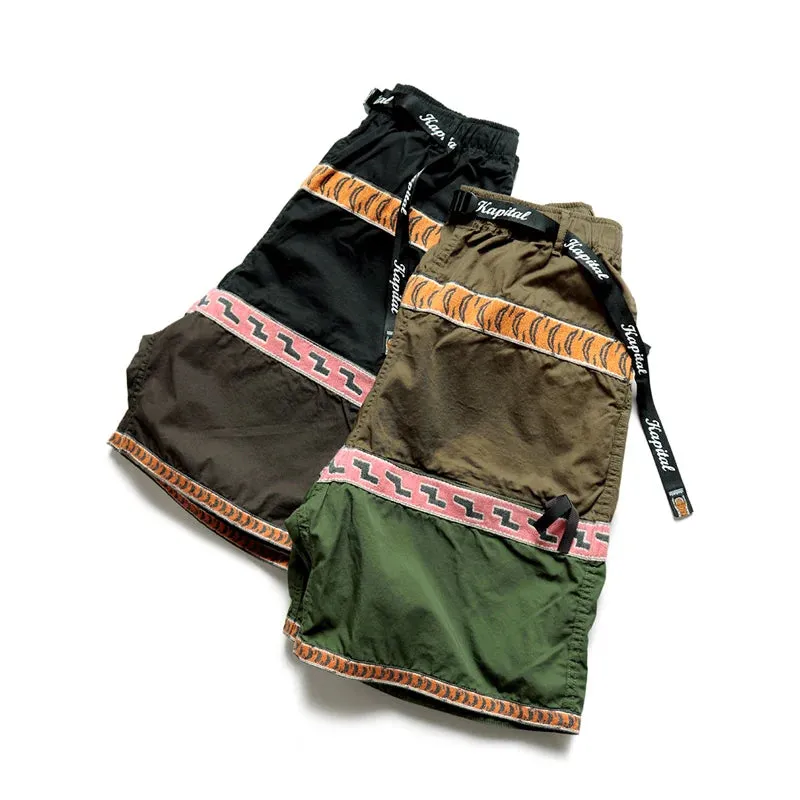 Japan Style Vintage Belt Color Matching Cotton Loose Men's Casual Shorts