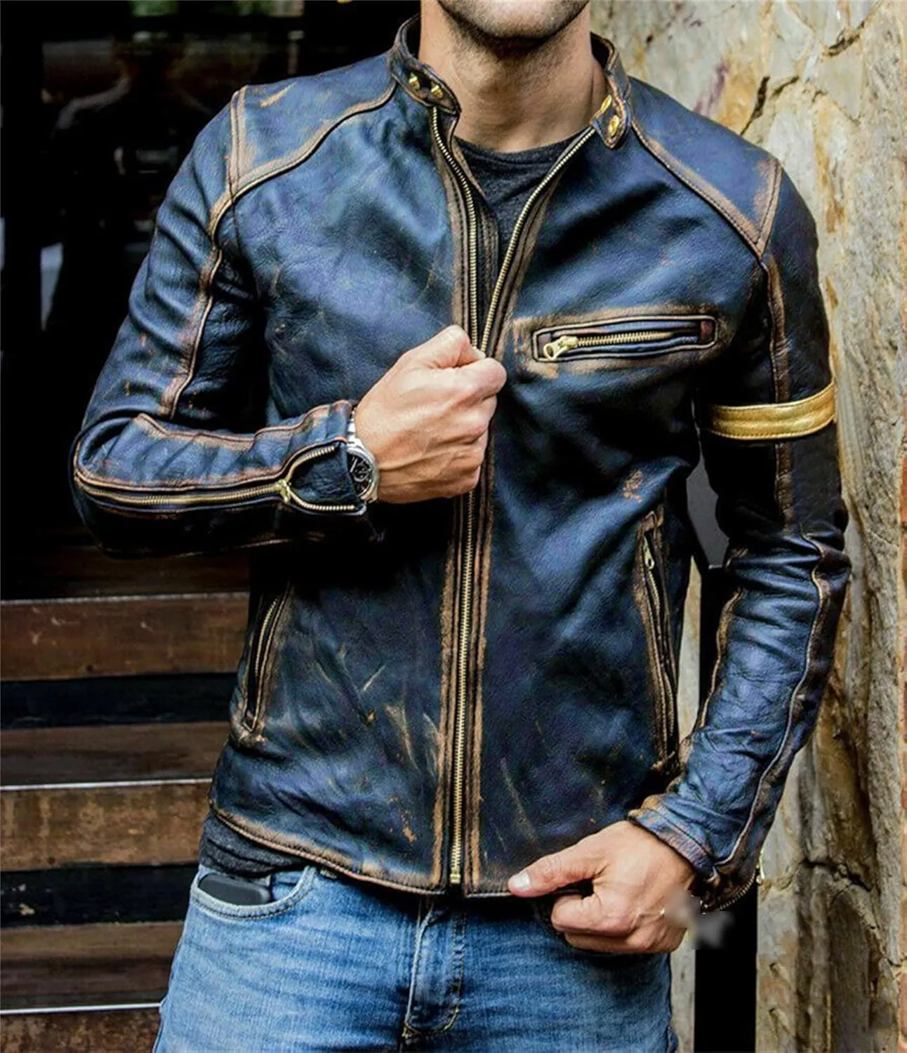 Maiyifu-GJ Men's Vintage Distressed Biker Leather Jacket Retro Slim Fit Motorcycle Biker Jacket Casual Zip Up Bomber Coat