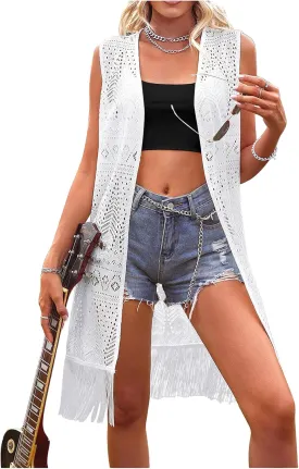 MakeMeChic Women's Fringe Vest Sleeveless Crochet Open Front Vintage Jacket Cardigan