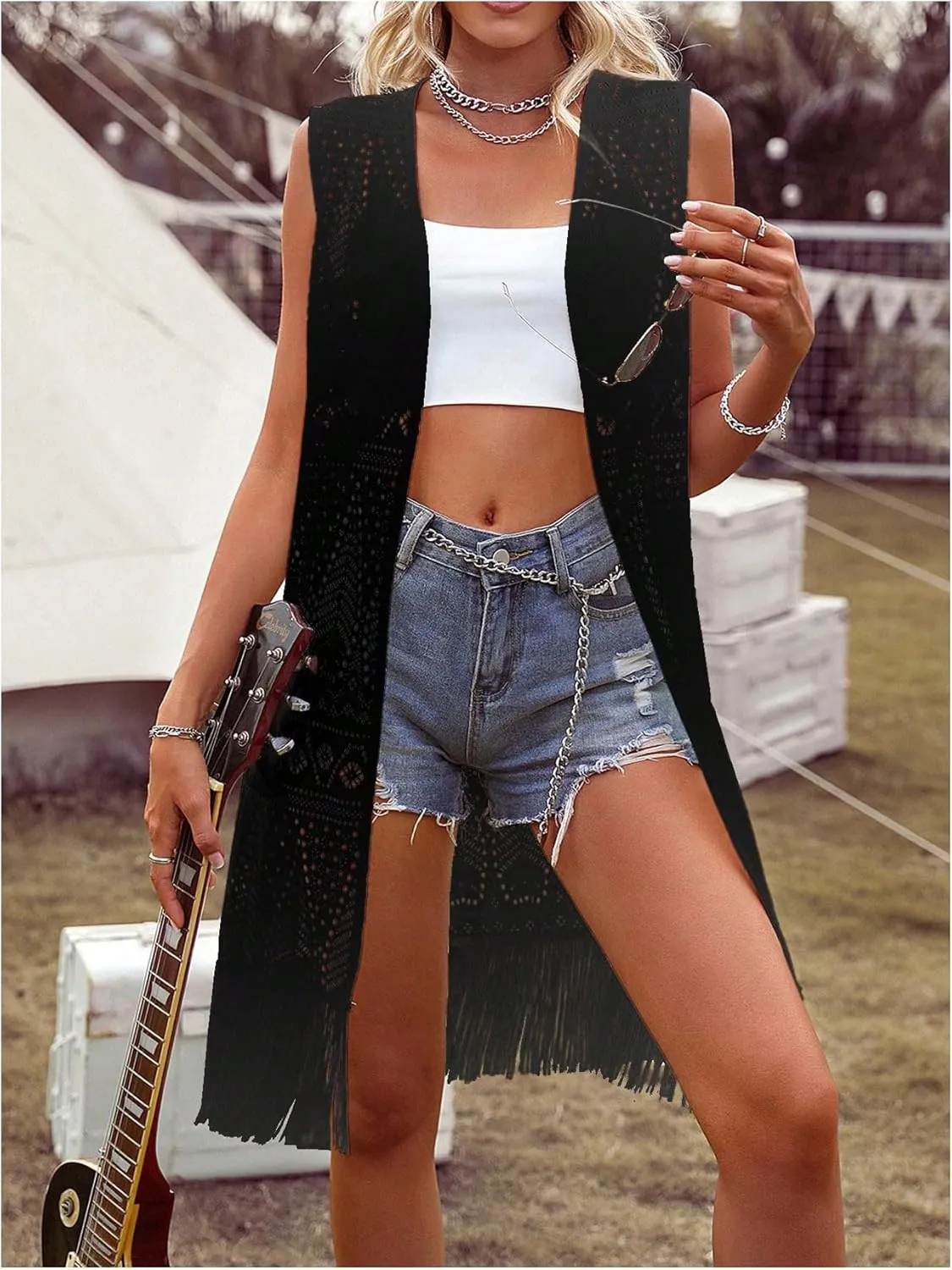 MakeMeChic Women's Fringe Vest Sleeveless Crochet Open Front Vintage Jacket Cardigan