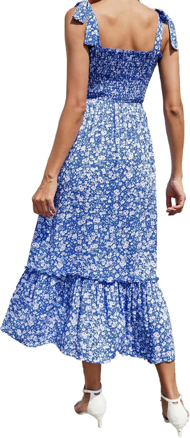 Maternity Smocked Summer Casual Dress Spaghetti Strap Sleeveless Ruffle Boho Swing Maxi Dress Baby Shower Photoshoot