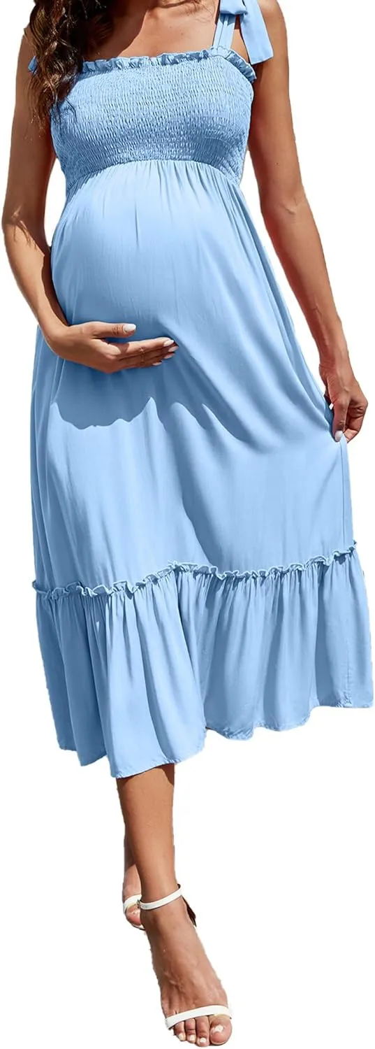 Maternity Smocked Summer Casual Dress Spaghetti Strap Sleeveless Ruffle Boho Swing Maxi Dress Baby Shower Photoshoot