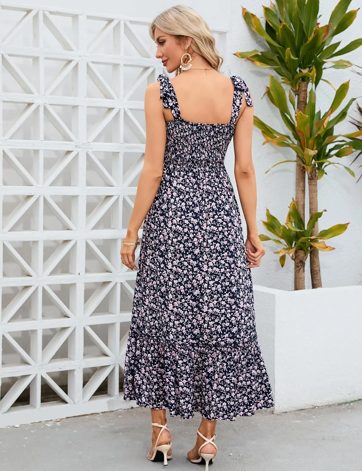 Maternity Smocked Summer Casual Dress Spaghetti Strap Sleeveless Ruffle Boho Swing Maxi Dress Baby Shower Photoshoot