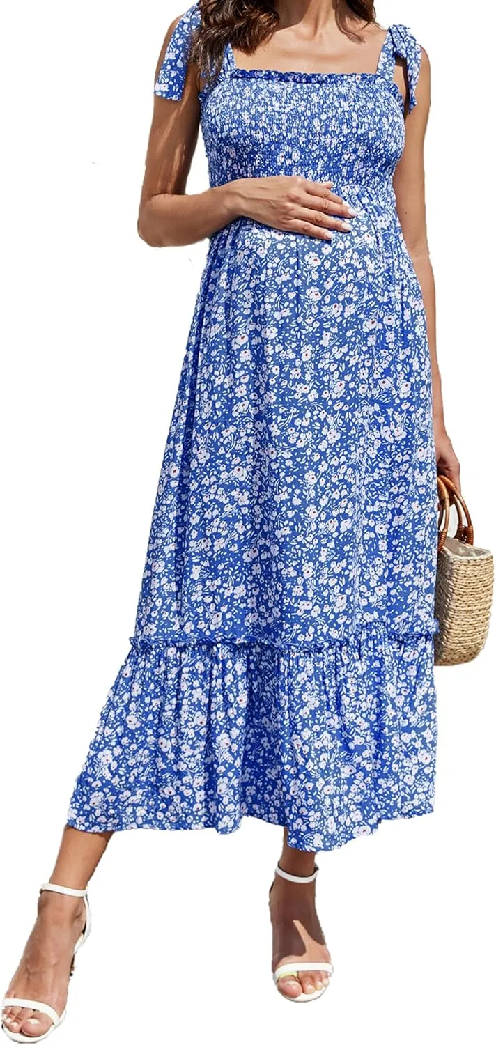 Maternity Smocked Summer Casual Dress Spaghetti Strap Sleeveless Ruffle Boho Swing Maxi Dress Baby Shower Photoshoot