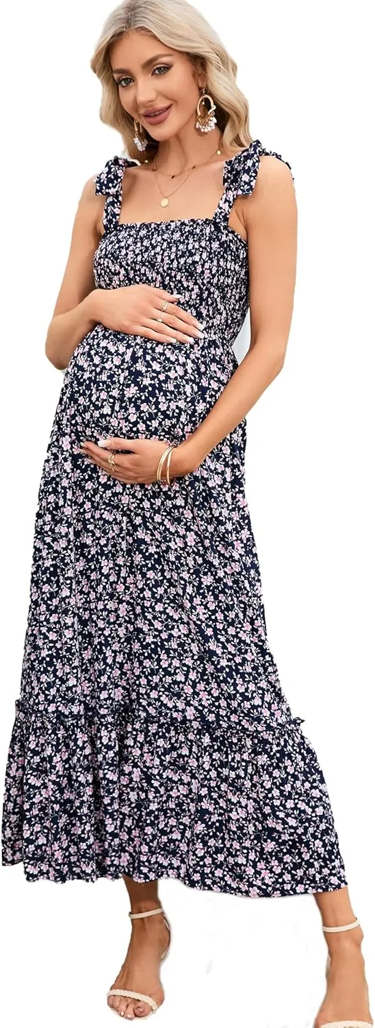 Maternity Smocked Summer Casual Dress Spaghetti Strap Sleeveless Ruffle Boho Swing Maxi Dress Baby Shower Photoshoot