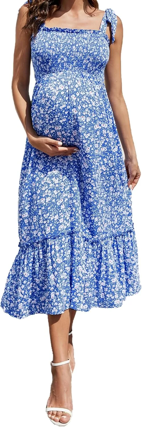 Maternity Smocked Summer Casual Dress Spaghetti Strap Sleeveless Ruffle Boho Swing Maxi Dress Baby Shower Photoshoot
