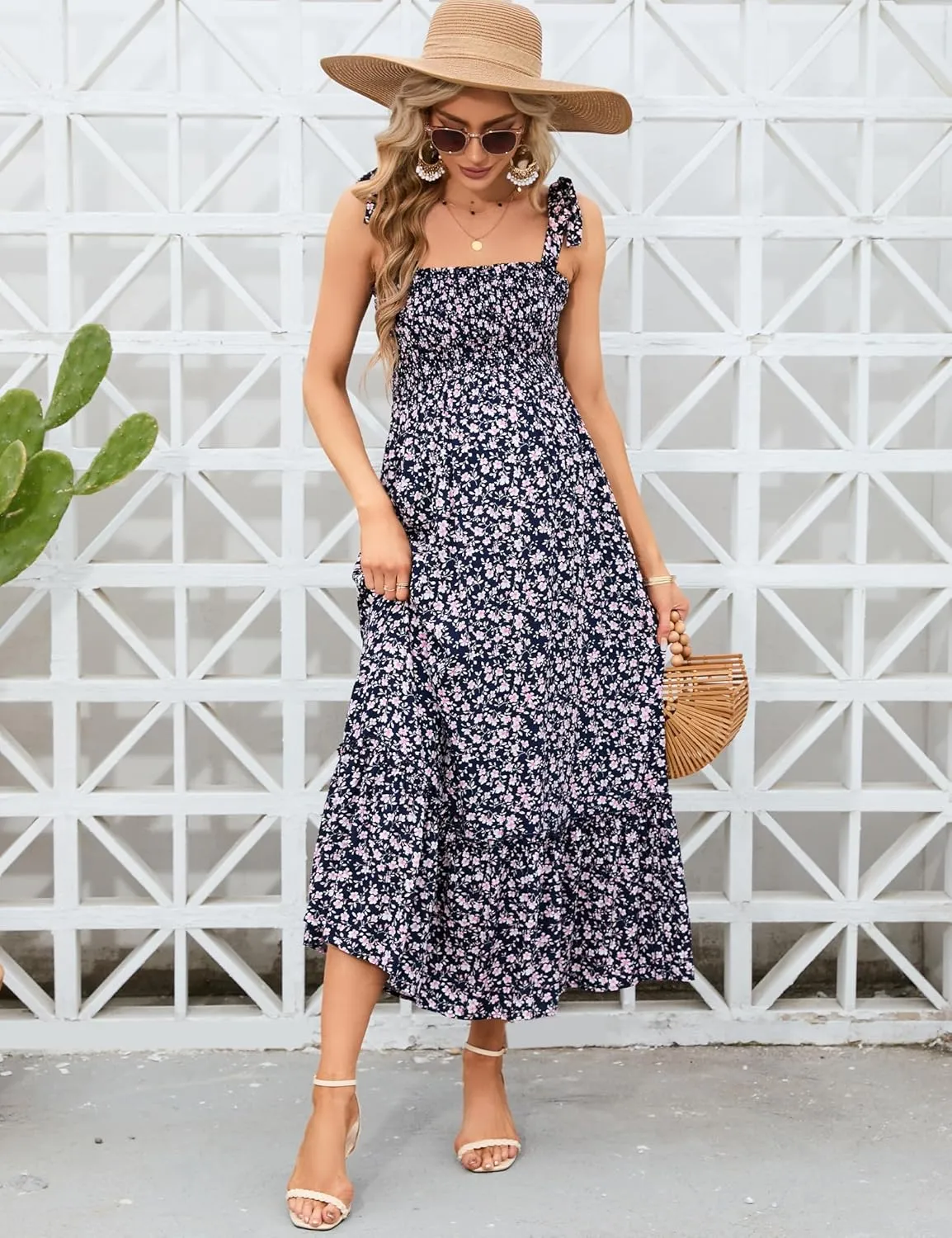 Maternity Smocked Summer Casual Dress Spaghetti Strap Sleeveless Ruffle Boho Swing Maxi Dress Baby Shower Photoshoot