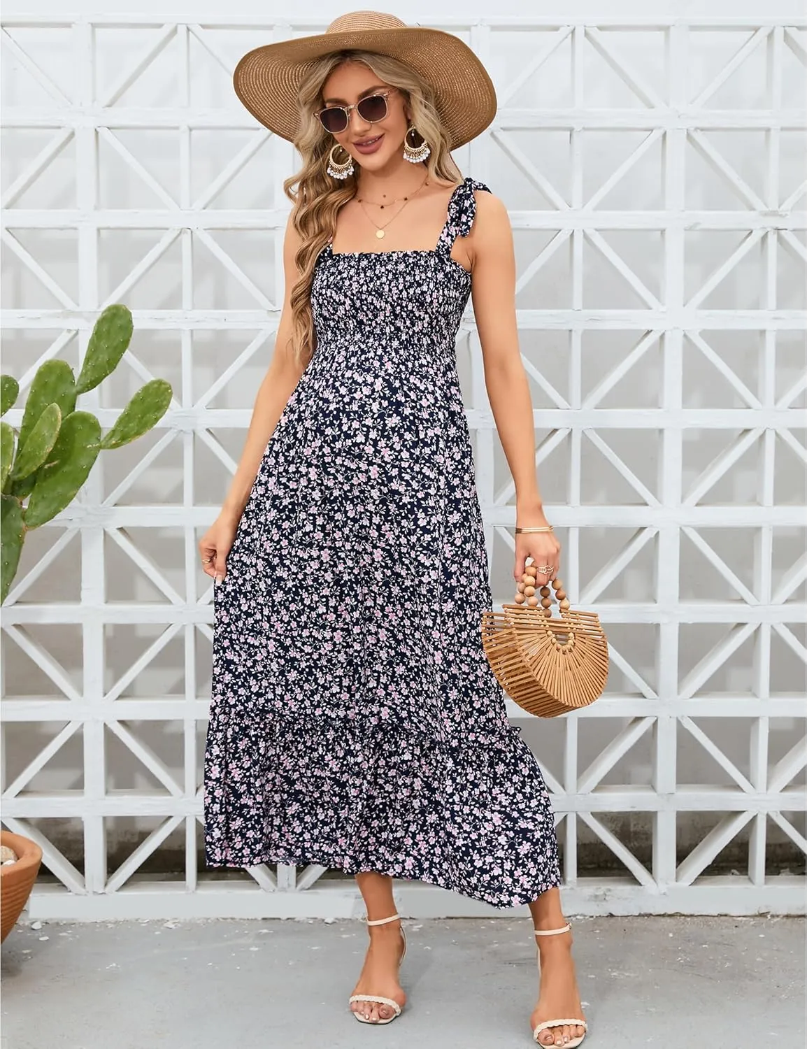Maternity Smocked Summer Casual Dress Spaghetti Strap Sleeveless Ruffle Boho Swing Maxi Dress Baby Shower Photoshoot