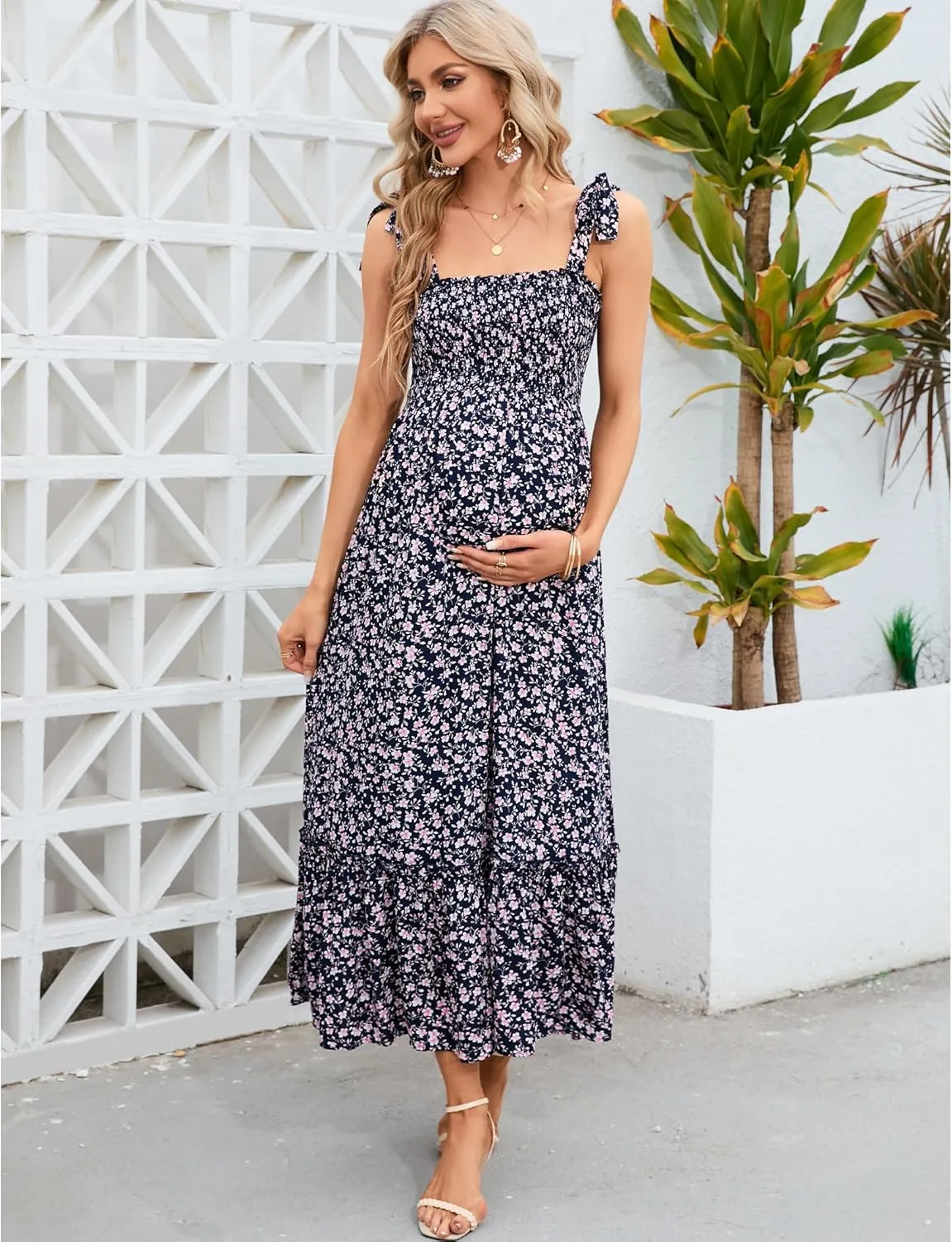 Maternity Smocked Summer Casual Dress Spaghetti Strap Sleeveless Ruffle Boho Swing Maxi Dress Baby Shower Photoshoot