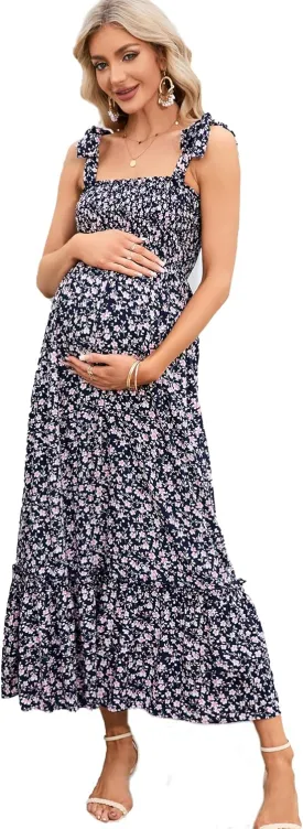 Maternity Smocked Summer Casual Dress Spaghetti Strap Sleeveless Ruffle Boho Swing Maxi Dress Baby Shower Photoshoot