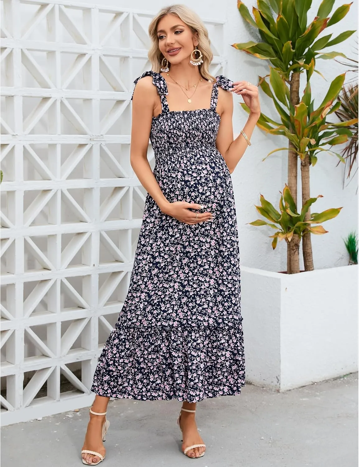 Maternity Smocked Summer Casual Dress Spaghetti Strap Sleeveless Ruffle Boho Swing Maxi Dress Baby Shower Photoshoot