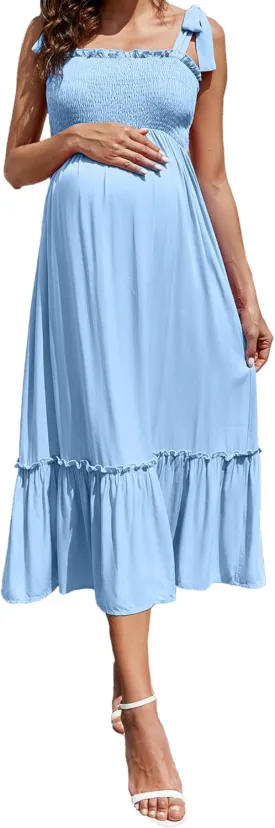 Maternity Smocked Summer Casual Dress Spaghetti Strap Sleeveless Ruffle Boho Swing Maxi Dress Baby Shower Photoshoot