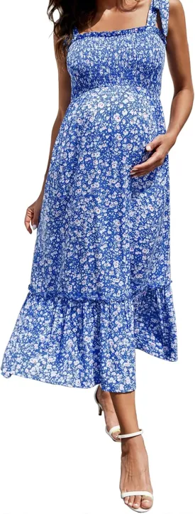 Maternity Smocked Summer Casual Dress Spaghetti Strap Sleeveless Ruffle Boho Swing Maxi Dress Baby Shower Photoshoot