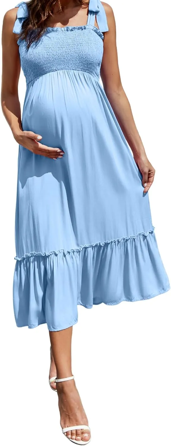 Maternity Smocked Summer Casual Dress Spaghetti Strap Sleeveless Ruffle Boho Swing Maxi Dress Baby Shower Photoshoot