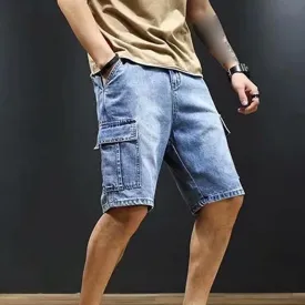 Men's 3/4 Cargo Biker Jean Shorts Vintage Distressed Denim Shorts Casual Multi-Pocket Short Pants