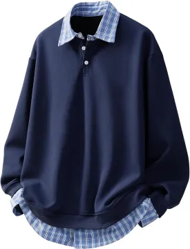 Mens Fake Two Pieces Polo Sweatshirt Vintage Plaid Collar Button Pullover Top