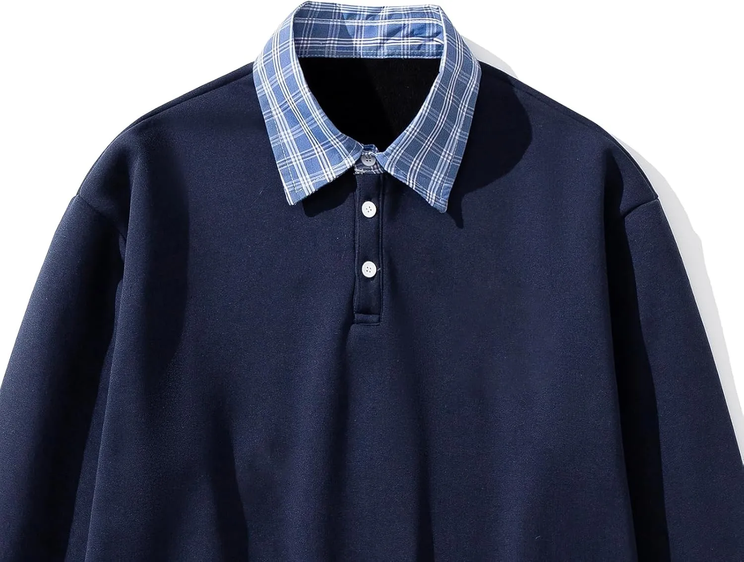 Mens Fake Two Pieces Polo Sweatshirt Vintage Plaid Collar Button Pullover Top