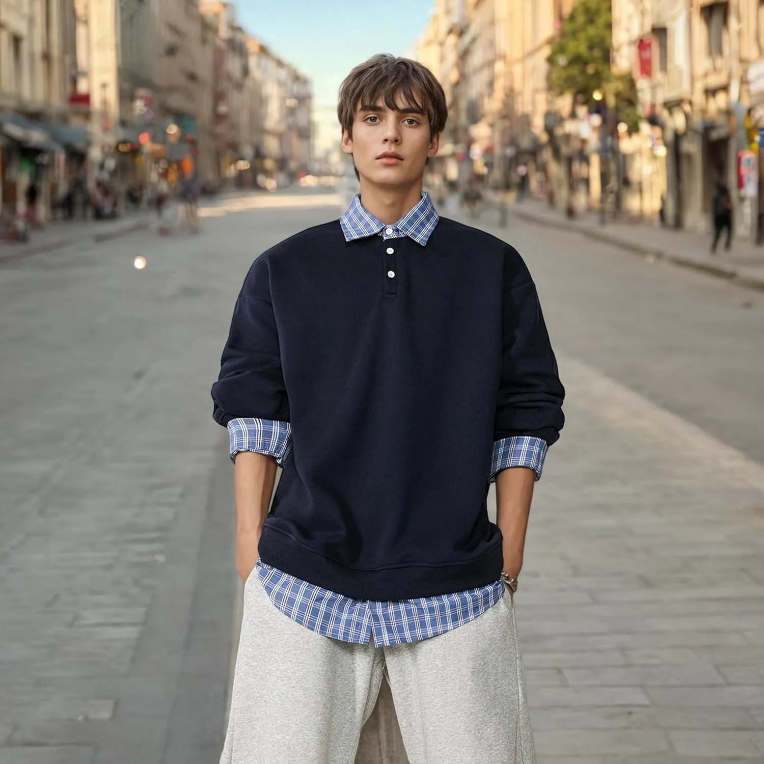 Mens Fake Two Pieces Polo Sweatshirt Vintage Plaid Collar Button Pullover Top
