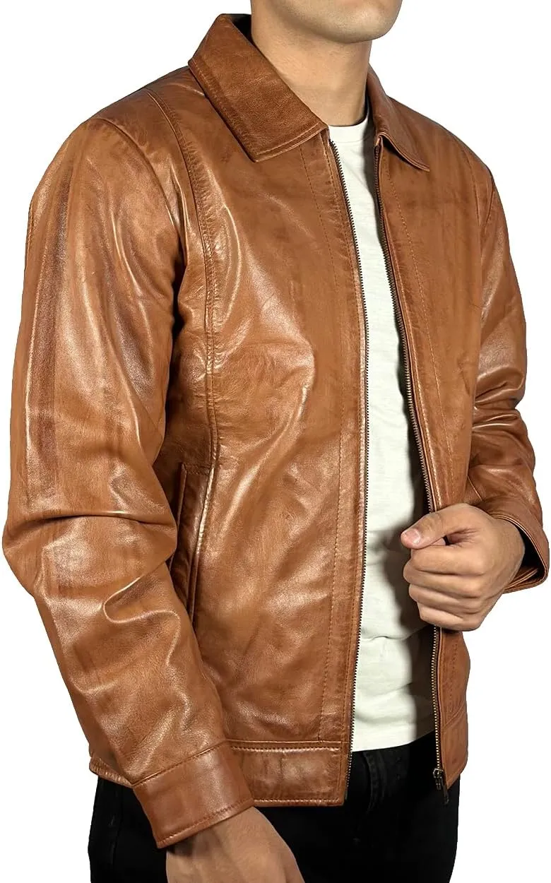 Mens Shirt Collar Real Lambskin Vintage Style Leather Biker Jacket Casual Distressed Leather Jackets for mens