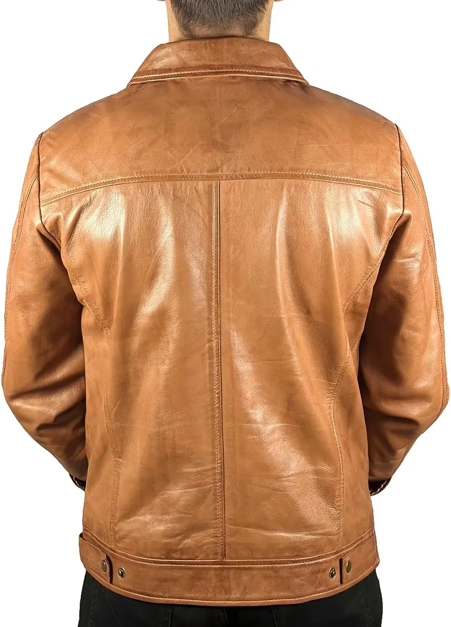Mens Shirt Collar Real Lambskin Vintage Style Leather Biker Jacket Casual Distressed Leather Jackets for mens
