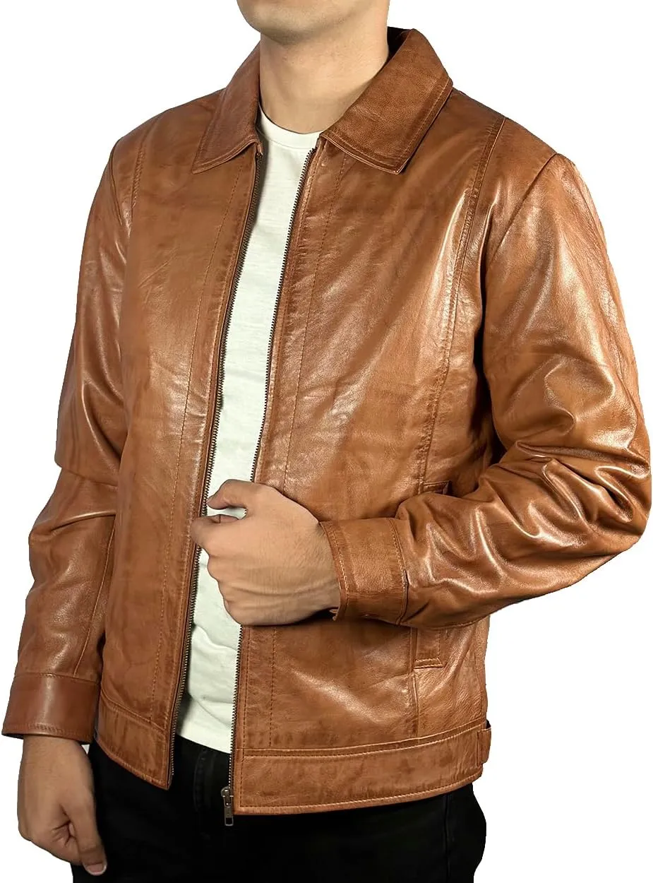 Mens Shirt Collar Real Lambskin Vintage Style Leather Biker Jacket Casual Distressed Leather Jackets for mens