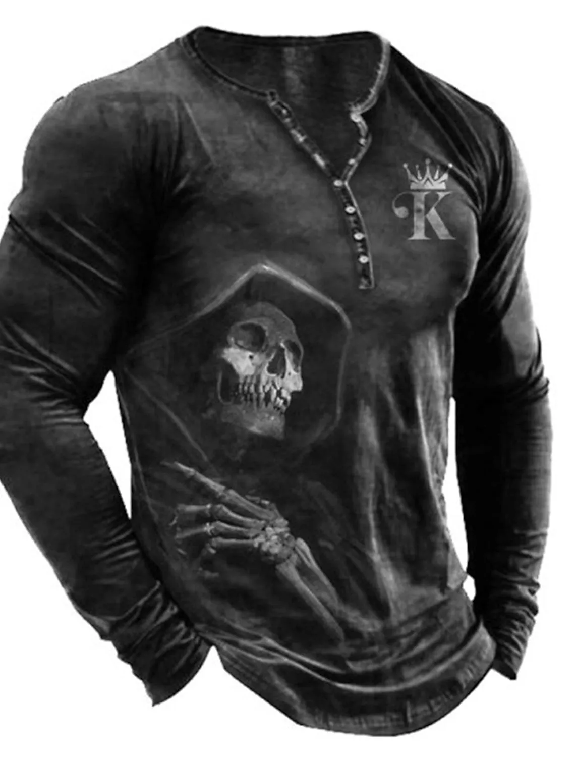 Men's T shirt Tee Henley Shirt Tee Graphic Skull Henley Black White Blue Green Gray 3D Print Plus Size Outdoor Daily Long Sleeve Button-Down Print Clothing Apparel Designer Stylish Vintage Basic