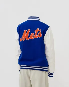 Men's Varsity NY Letterman Mets Basketball Bomber Jacket - Vintage Fleece Jacket with Embroidery Patches.