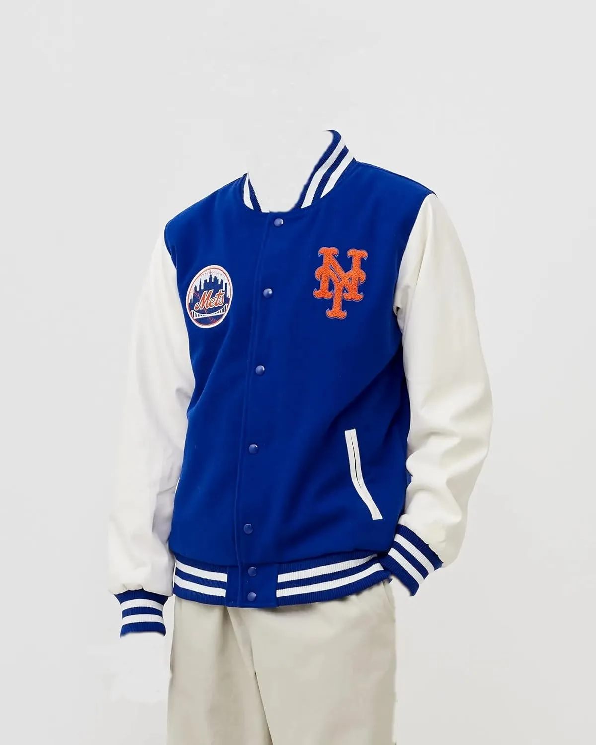 Men's Varsity NY Letterman Mets Basketball Bomber Jacket - Vintage Fleece Jacket with Embroidery Patches.
