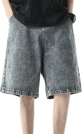Men's Vintage Straight Jean Shorts Washed Short Pants with Pockets Casual Loose Denim Shorts Grey