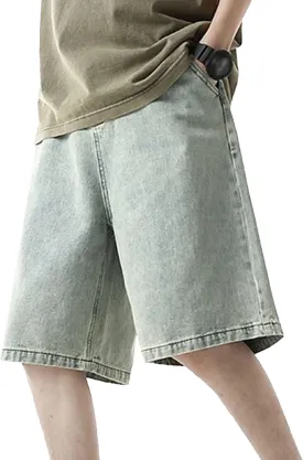 Men's Vintage Straight Jean Shorts Washed Short Pants with Pockets Casual Loose Denim Shorts Grey