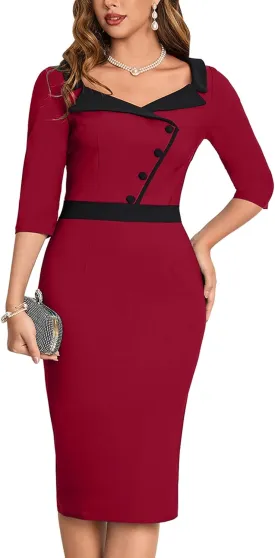 MUXXN Women's 1950s 3/4 Sleeve Pencil V Neck Midi Knee Length Bodycon Vintage Cocktail Dresses