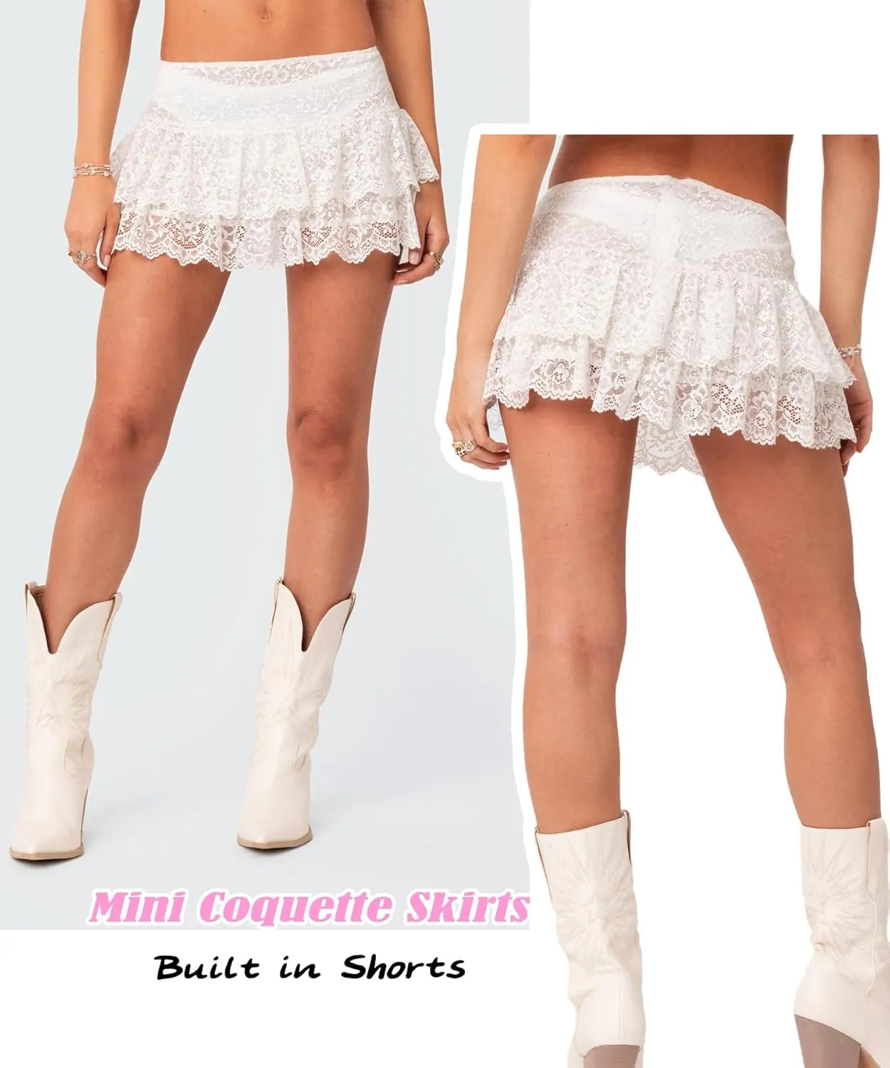 Navneet Women Sexy Y2K Sheer Lace Ruffle Mini Skirt Low Rise Mesh Ruffle Shorts Micro Skirt Coquette Going Out