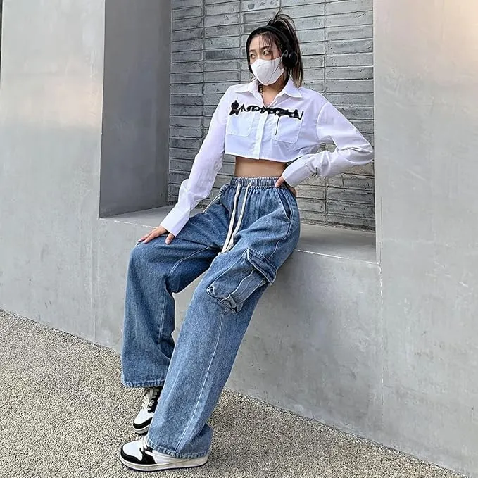 NCDUANSAN Gothic Retro Jeans Women's Pants Street Trend Loose Multi Pocket Stitching Casual Straight Leg Wide Leg Wash