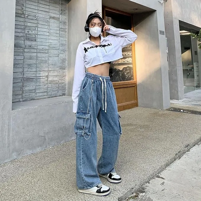 NCDUANSAN Gothic Retro Jeans Women's Pants Street Trend Loose Multi Pocket Stitching Casual Straight Leg Wide Leg Wash