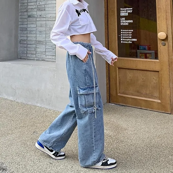 NCDUANSAN Gothic Retro Jeans Women's Pants Street Trend Loose Multi Pocket Stitching Casual Straight Leg Wide Leg Wash