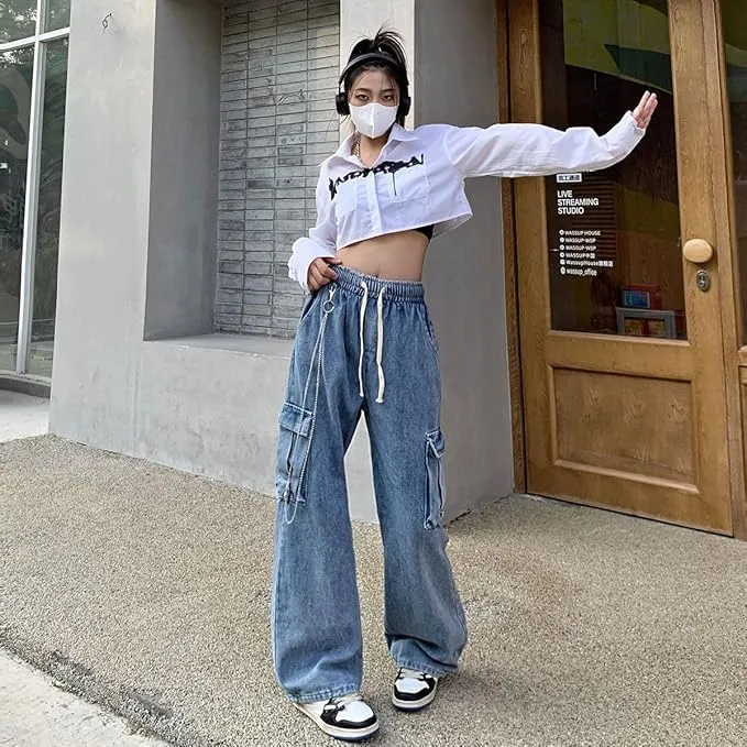 NCDUANSAN Gothic Retro Jeans Women's Pants Street Trend Loose Multi Pocket Stitching Casual Straight Leg Wide Leg Wash