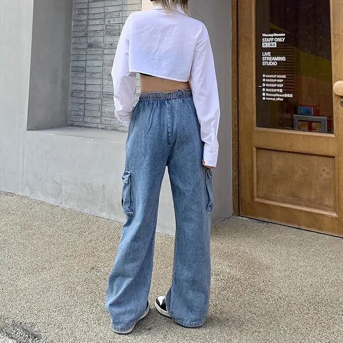 NCDUANSAN Gothic Retro Jeans Women's Pants Street Trend Loose Multi Pocket Stitching Casual Straight Leg Wide Leg Wash