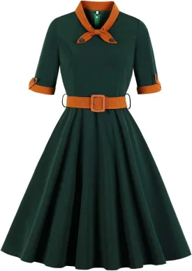 Nihsatin Vintage 1950s Retro Rockabilly Swing Dress Polka Dots Cocktail Dress with Belt