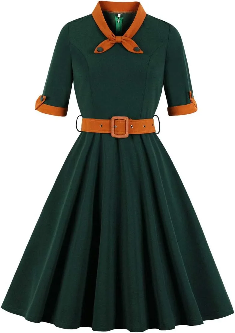 Nihsatin Vintage 1950s Retro Rockabilly Swing Dress Polka Dots Cocktail Dress with Belt