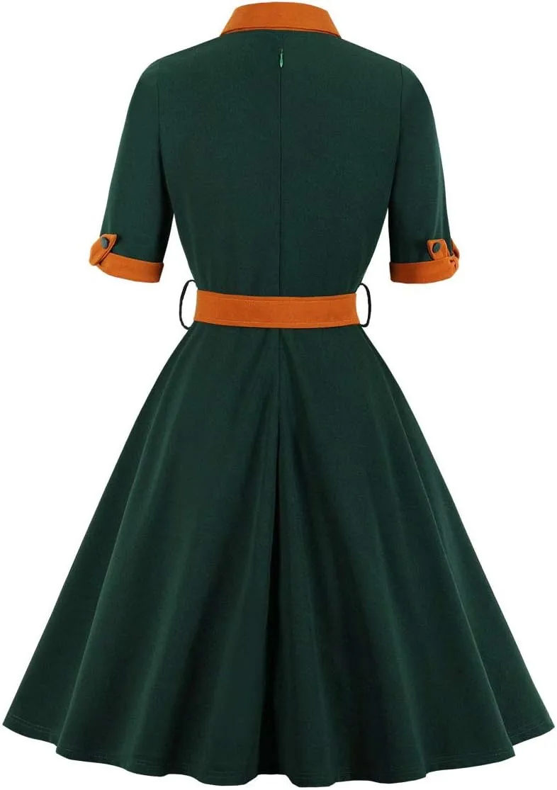 Nihsatin Vintage 1950s Retro Rockabilly Swing Dress Polka Dots Cocktail Dress with Belt